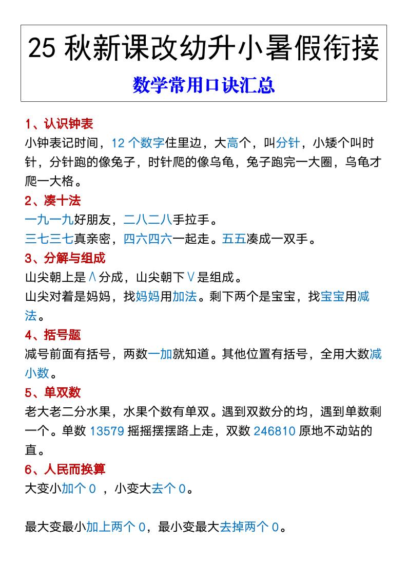 【2025秋新版】幼升小暑假衔接数学常用口诀汇总-一上数学-shxbox省心宝盒