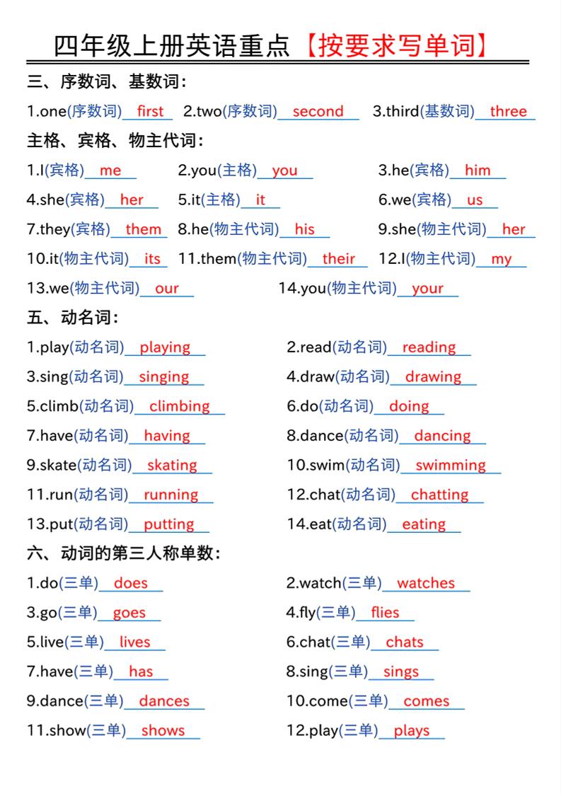 四年级上人教PEP版英语重点按要求写单词（答案）-shxbox省心宝盒