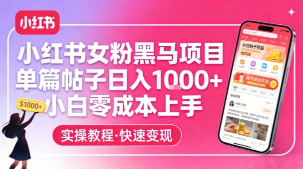 小红书女粉黑马项目，单篇帖子日入1k+，小白零成本上手-shxbox省心宝盒