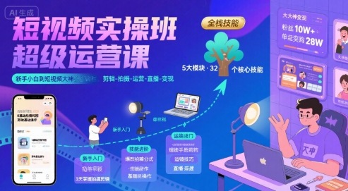 短视频实操班超级运营课,新手小白到短视频大神必修课程,剪辑-拍摄-运营-直播-变现-shxbox省心宝盒