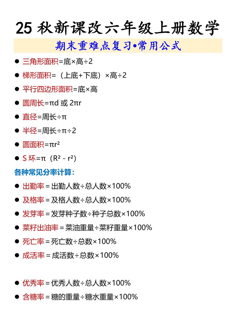 【2025秋新版】六年级上册数学期末重难点复习•常用公式-shxbox省心宝盒