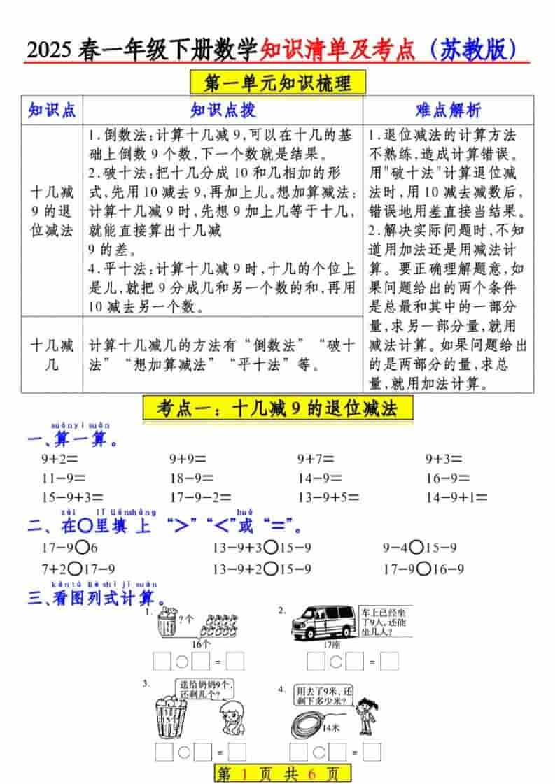 一年级下数学知识清单及考点《苏教版》（衔接版）-shxbox省心宝盒