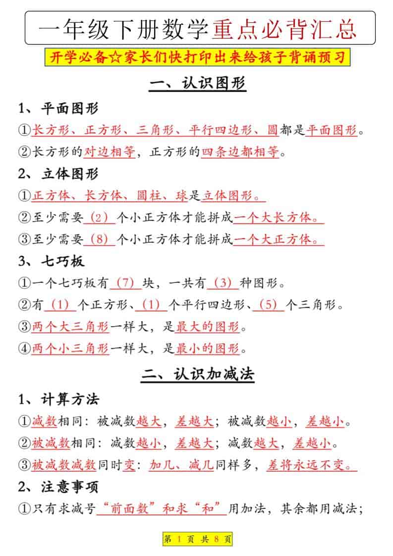 一年级下数学重点必背汇总-shxbox省心宝盒