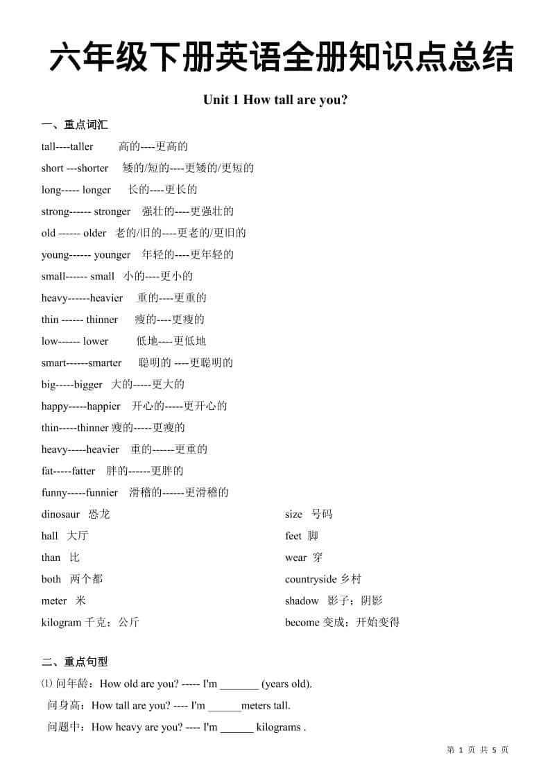 六年级下英语全册知识总结《人教版PEP》-shxbox省心宝盒