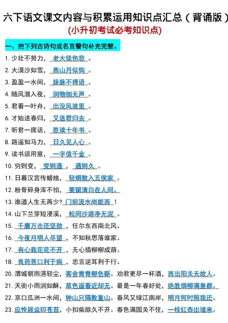 六年级下语文小升初期末必考知识点-shxbox省心宝盒