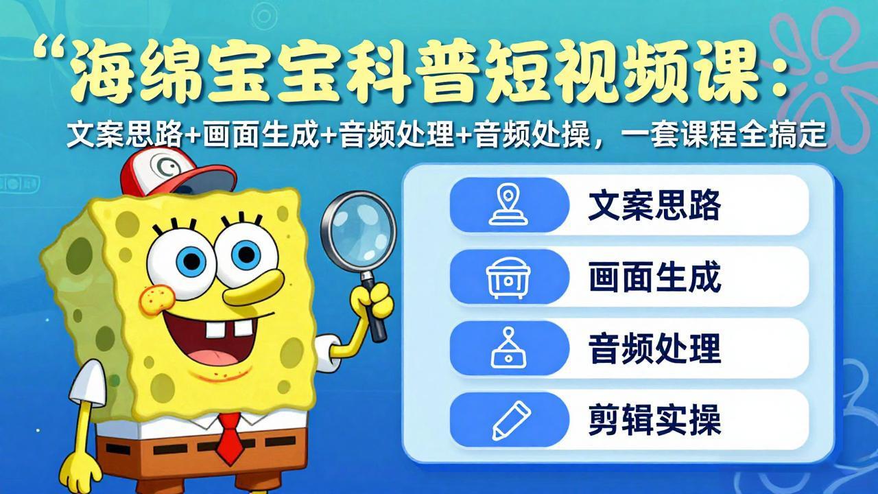 海绵宝宝科普短视频课：文案思路+画面生成+音频处理+剪辑实操，一套课程全搞定-shxbox省心宝盒