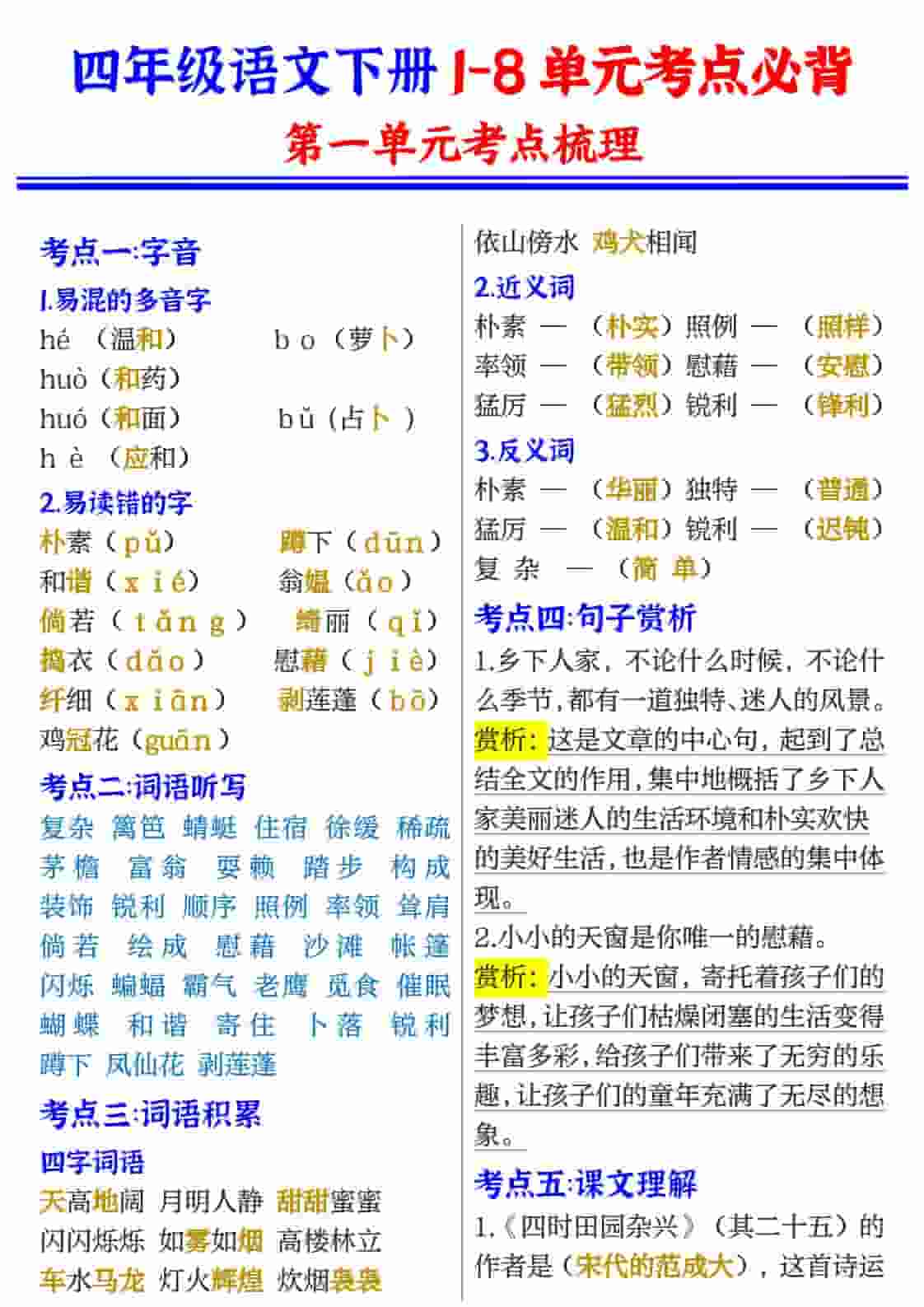 四年级(下）语文1-8单元考点必背-shxbox省心宝盒