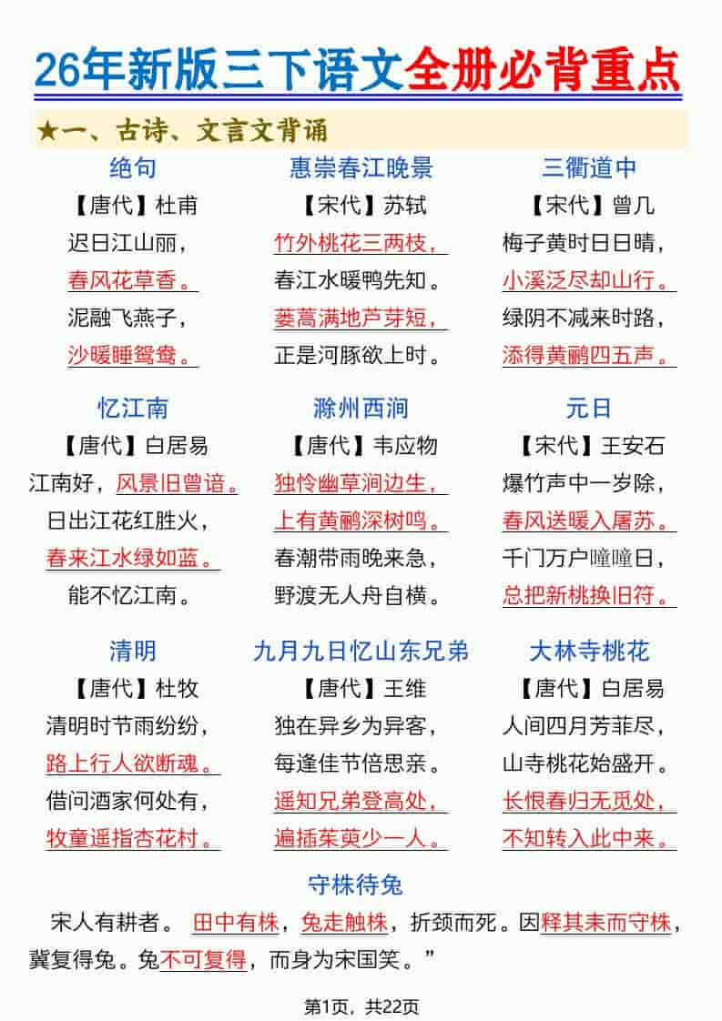 三年级下语文全册必背重点（十二重点知识点）-shxbox省心宝盒