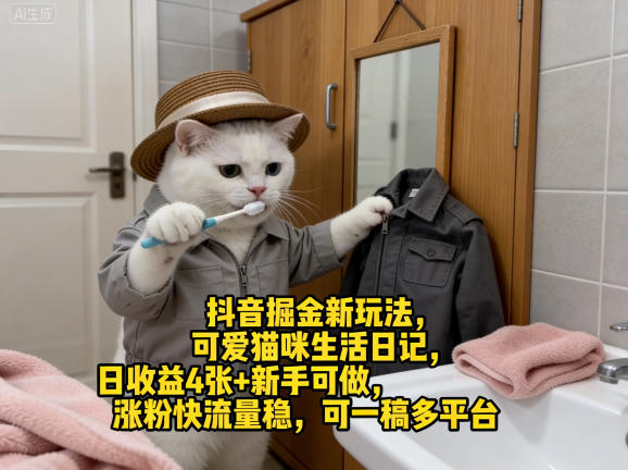抖音掘金新玩法，可爱猫咪生活日记，日收益4张+新手可做，涨粉快流量稳，可一稿多平台-shxbox省心宝盒