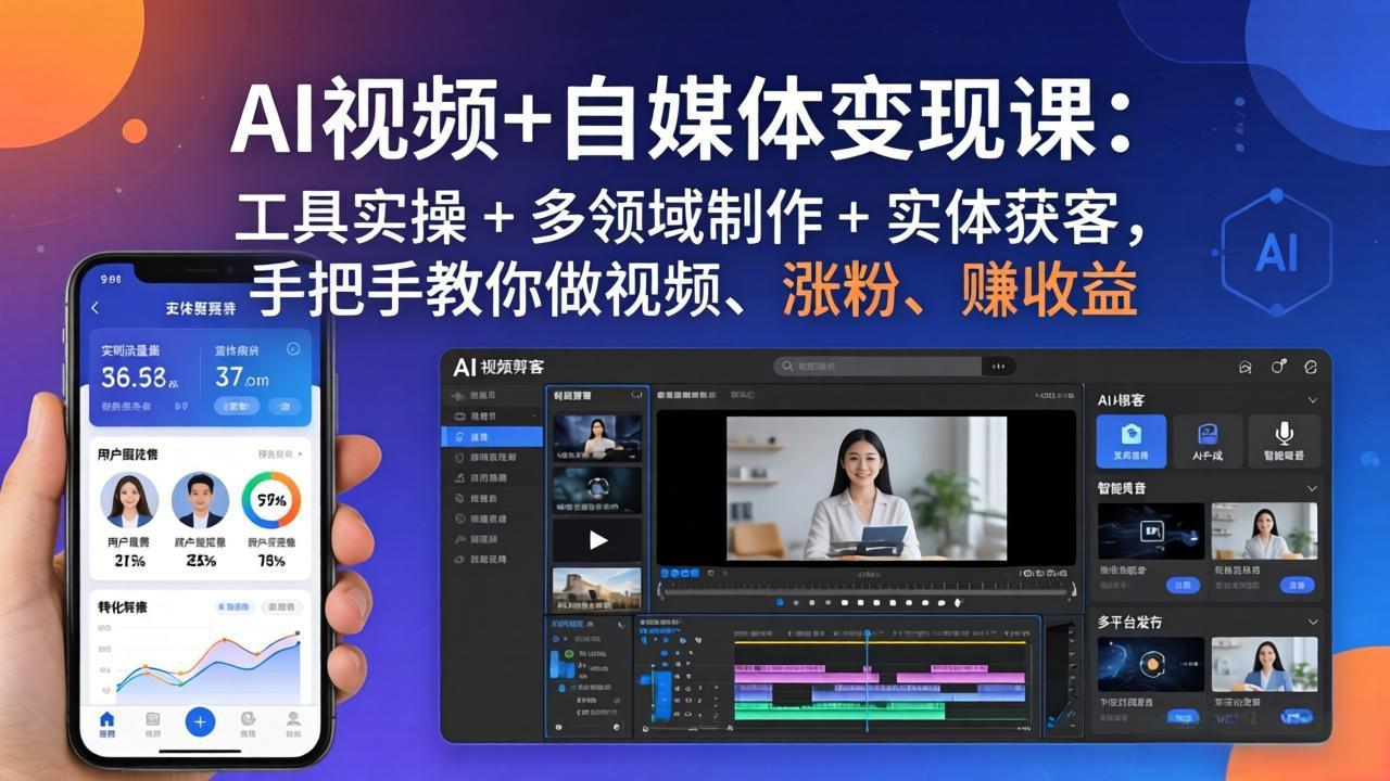 AI视频+自媒体变现课：工具实操 + 多领域制作 + 实体获客，手把手教你做视频、涨粉、赚收益-shxbox省心宝盒