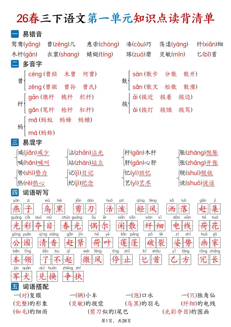 26新三年级下语文1-8单元知识点读背清单（28页）-shxbox省心宝盒