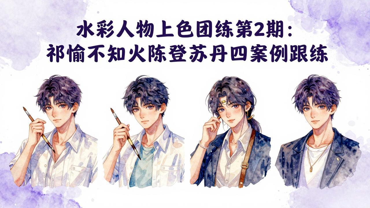 水彩人物上色团练第2期：祁煜不知火陈登苏丹四案例跟练，手把手提升绘画能力-shxbox省心宝盒