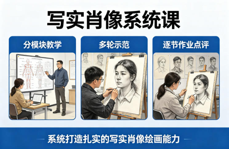 写实肖像系统课，全程分模块教学+多轮示范+逐节作业点评，系统打造扎实的写实肖像绘画能力-shxbox省心宝盒