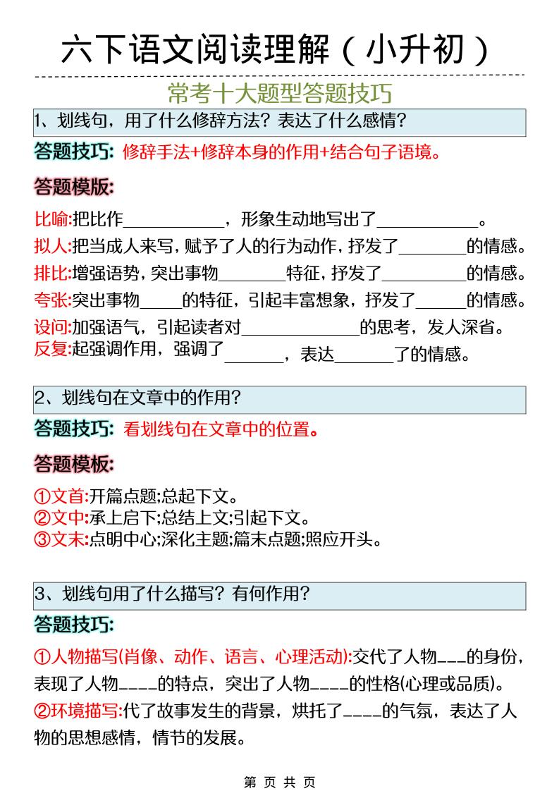 六年级下语文阅读理解答题技巧（小升初）-shxbox省心宝盒