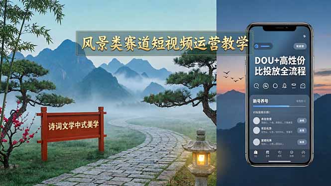 风景类赛道短视频运营教学：诗词文学中式美学，新号养号对标账号定位，DOU+高性价比投放全流程-shxbox省心宝盒