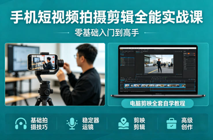 手机短视频拍摄剪辑全能实战课：零基础入门到高手，稳定器运镜+电脑剪映全套自学教程-shxbox省心宝盒