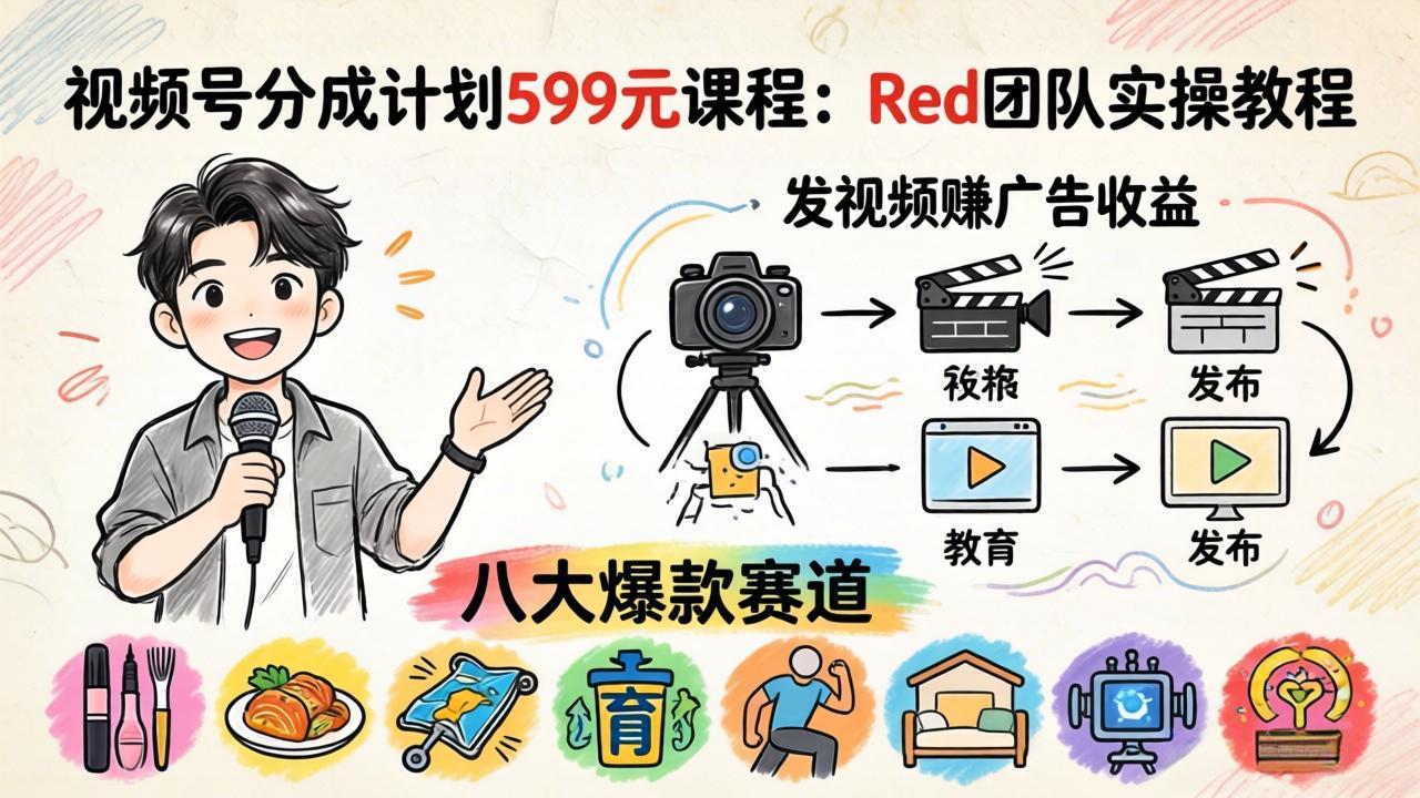 视频号分成计划599元课程：Red团队实操教程，发视频赚广告收益，八大爆款赛道全掌握-shxbox省心宝盒