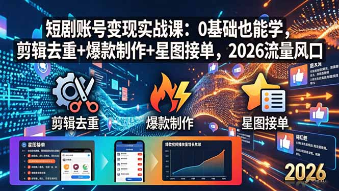 短剧账号变现实战课：0基础也能学，剪辑去重+爆款制作+星图接单，2026流量风口-shxbox省心宝盒