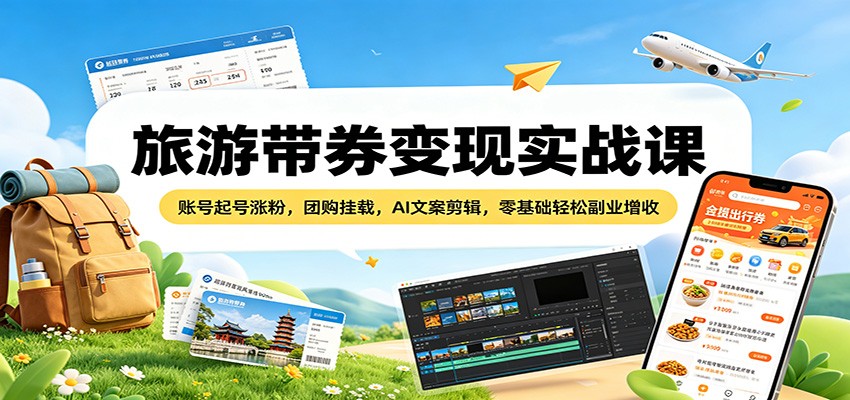 旅游带券变现实战课：账号起号涨粉，团购挂载，AI文案剪辑，零基础轻松副业增收-shxbox省心宝盒