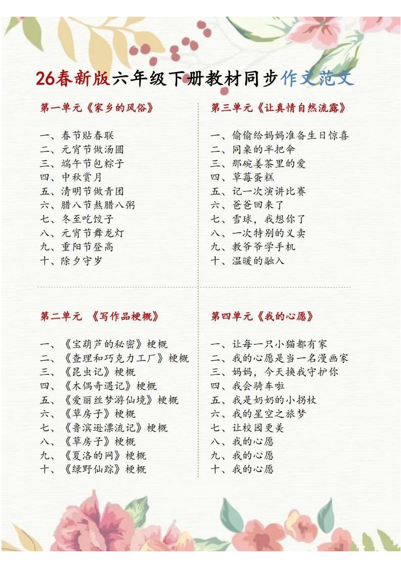 六年级下语文1-8单元同步作文范文-shxbox省心宝盒