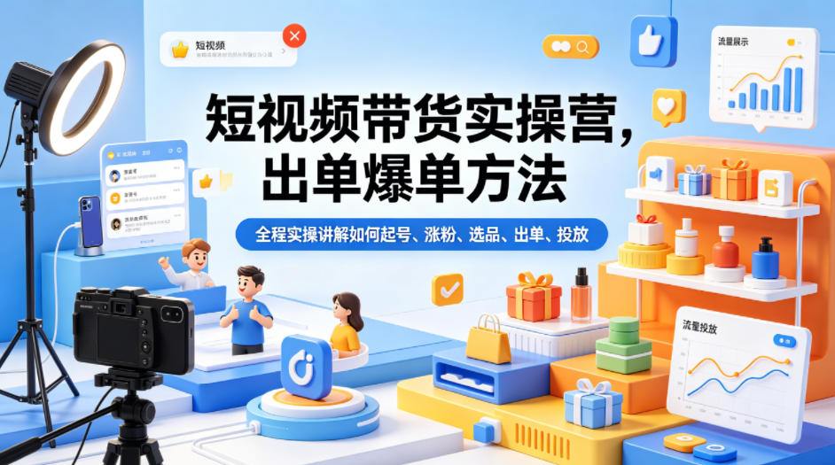 短视频带货实操营，出单爆单方法，全程实操讲解如何起号、涨粉、选品、出单、投放-shxbox省心宝盒