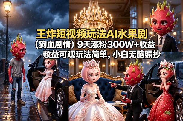 王炸短视频玩法AI水果剧(狗血剧情)9天涨粉300W+收益可观玩法简单，小白无脑照抄，详细拆解玩法-shxbox省心宝盒