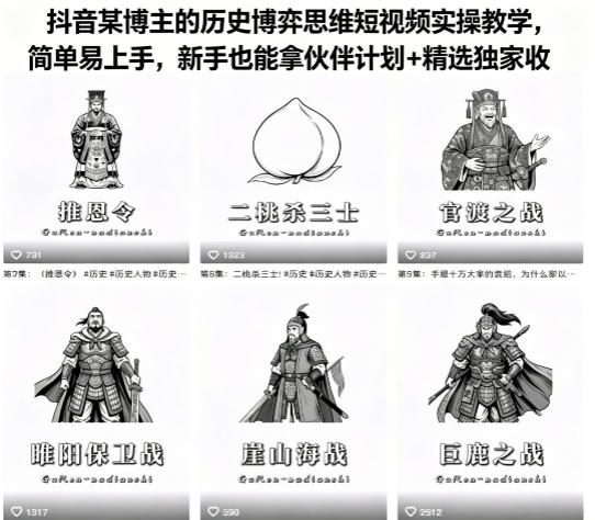 抖音某博主的历史博弈思维短视频实操教学，简单易上手，新手也能拿伙伴计划+精选独家收益-shxbox省心宝盒