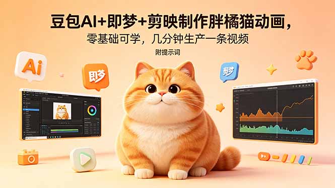 豆包AI+即梦+剪映制作胖橘猫动画，零基础可学，几分钟生产一条视频，附提示词-shxbox省心宝盒
