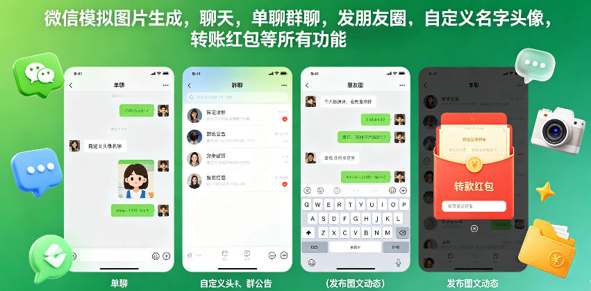 微信模拟图片生成，聊天，单聊群聊，发朋友圈，自定义名字头像，转账红包等所有功能都可以生成-shxbox省心宝盒