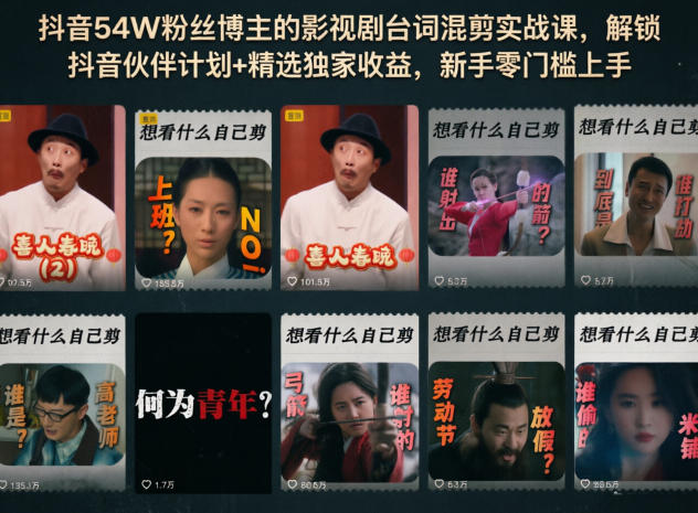 抖音54W粉丝博主的影视剧台词混剪实战课，解锁抖音伙伴计划+精选独家收益，新手零门槛上手-shxbox省心宝盒