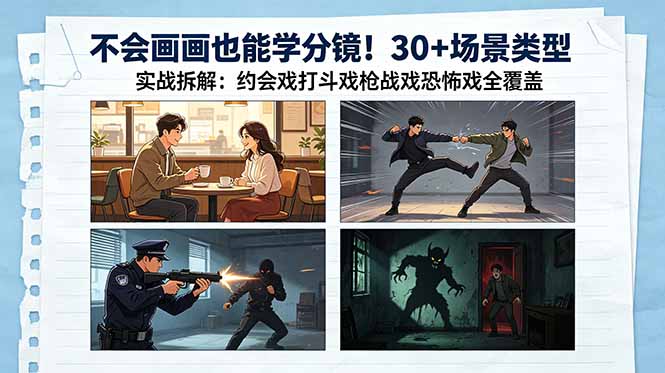 不会画画也能学分镜！30+场景类型实战拆解：约会戏打斗戏枪战戏恐怖戏全覆盖-shxbox省心宝盒