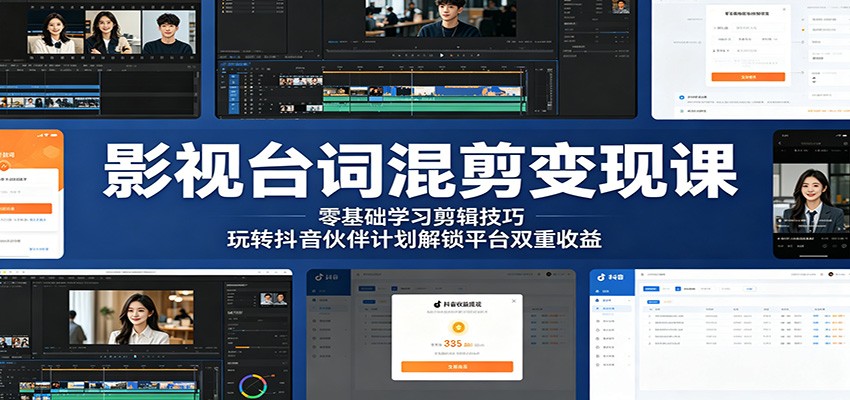 影视台词混剪变现课：零基础学习剪辑技巧，玩转抖音伙伴计划解锁平台双重收益-shxbox省心宝盒