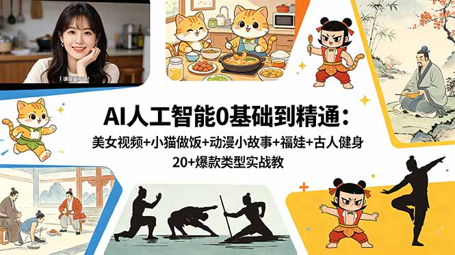 AI人工智能0基础到精通：美女视频+小猫做饭+动漫小故事+福娃+古人健身，20+爆款类型实战教学-shxbox省心宝盒