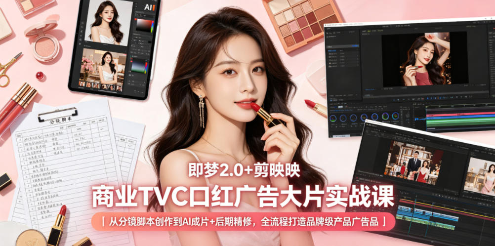 即梦2.0+剪映商业TVC口红广告大片实战课｜从分镜脚本创作到AI成片+后期精修，全流程打造品牌级产品广告-shxbox省心宝盒