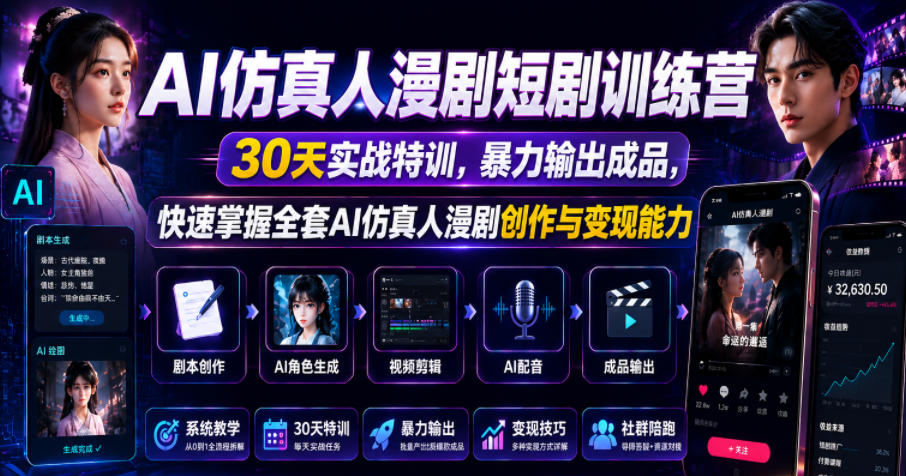 AI仿真人漫剧短剧训练营，30天实战特训，暴力输出成品，快速掌握全套AI仿真人漫剧创作与变现能力-shxbox省心宝盒