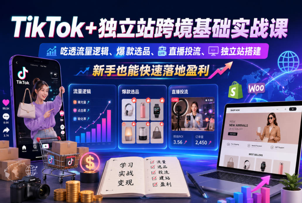 TikTok+独立站跨境基础实战课，吃透流量逻辑、爆款选品、直播投流与独立站搭建，新手也能快速落地盈利-shxbox省心宝盒