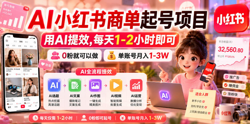 AI小红书商单起号项目，用AI提效,每天1-2小时即可，0粉就可以做，单账号月入1-3W-shxbox省心宝盒