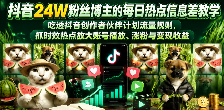 抖音24W粉丝博主的每日热点信息差教学，吃透创作者伙伴计划流量规则，抓时效热点放大账号播放、涨粉与变现收益(更新)-shxbox省心宝盒