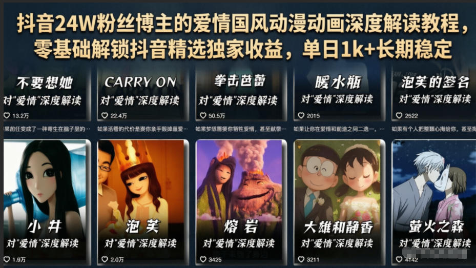 抖音24W粉丝博主的爱情国风动漫动画深度解读教程，零基础解锁抖音精选独家收益，单日1k+长期稳定-shxbox省心宝盒