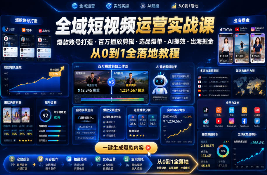 全域短视频运营实战课，爆款账号打造・百万播放剪辑・选品爆单・AI提效・出海掘金，从0到1全落地教程-shxbox省心宝盒