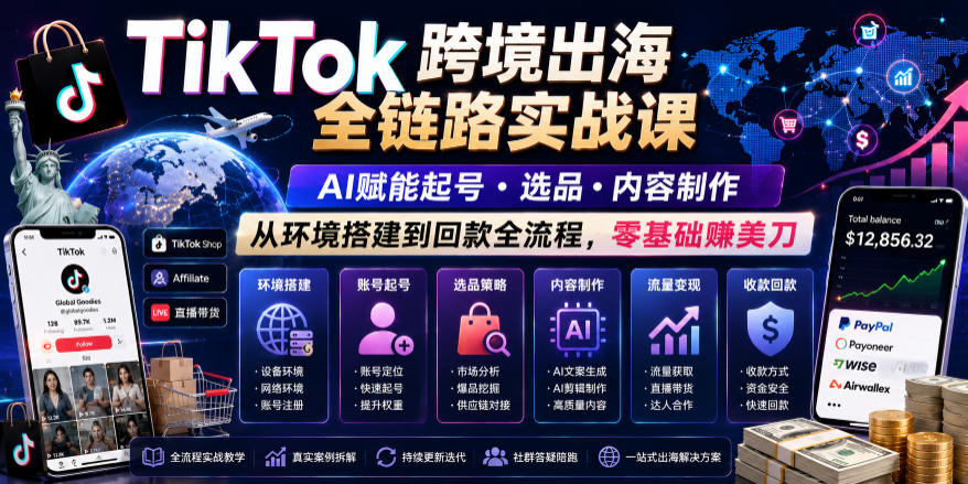 TikTok跨境出海全链路实战课，AI赋能起号・选品・内容制作，从环境搭建到回款全流程，零基础賺美刀-shxbox省心宝盒