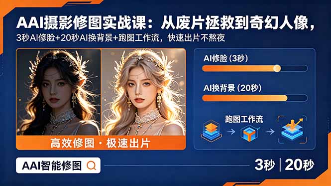 AI摄影修图实战课：从废片拯救 到 奇幻人像，3秒AI修脸+20秒AI换背景+跑图工作流，快速出片不熬夜-shxbox省心宝盒