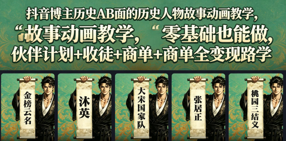 抖音博主历史AB面的历史人物故事动画教学，零基础也能做，伙伴计划+收徒+商单全变现路径教学-shxbox省心宝盒