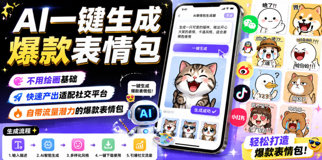 AI一键生成爆款表情包，不用绘画基础，快速产出适配社交平台，自带流量潜力的爆款表情包-shxbox省心宝盒