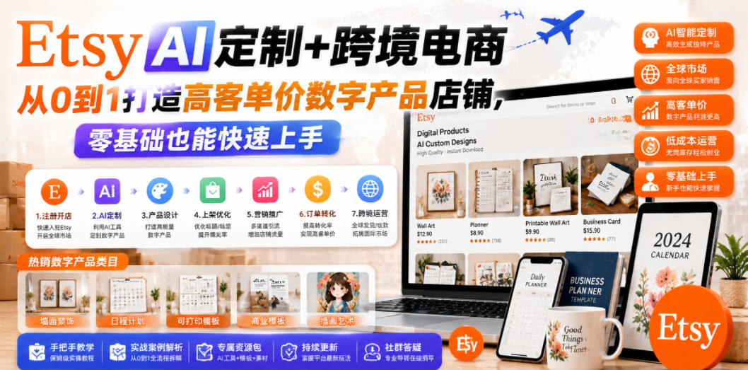 Etsy AI定制+跨境电商，从0到1打造高客单价数字产品店铺，零基础也能快速上手-shxbox省心宝盒