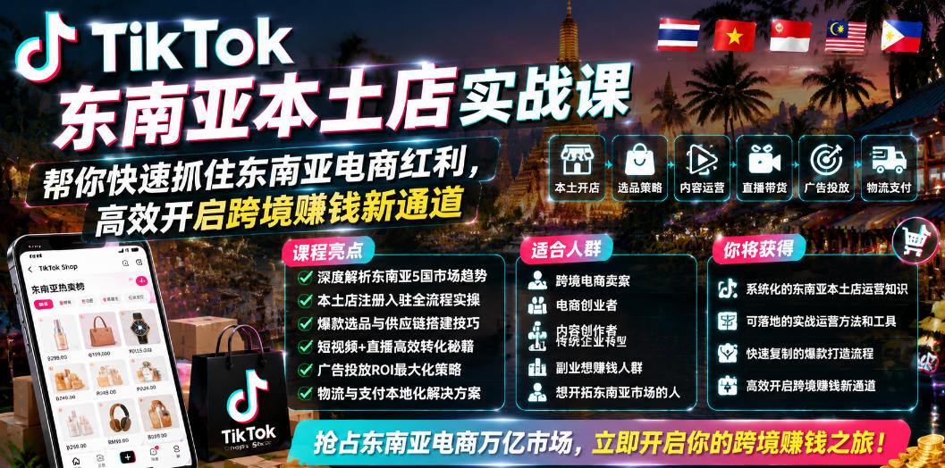 TikTok东南亚本土店实战课，帮你快速抓住东南亚电商红利，高效开启跨境賺钱新通道-shxbox省心宝盒
