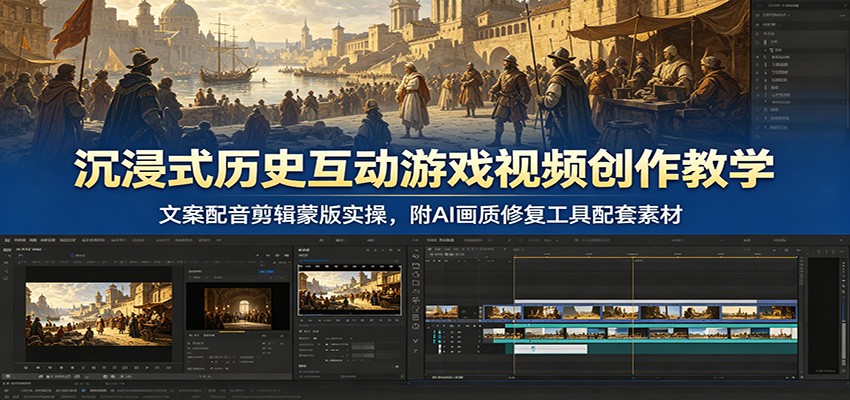沉浸式历史互动游戏视频创作教学：文案配音剪辑蒙版实操，附AI画质修复工具配套素材-shxbox省心宝盒