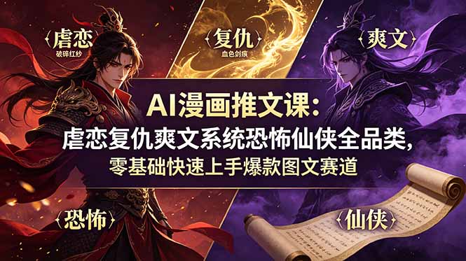 AI漫画推文课：虐恋复仇爽文系统恐怖仙侠全品类，零基础快速上手爆款图文赛道-shxbox省心宝盒