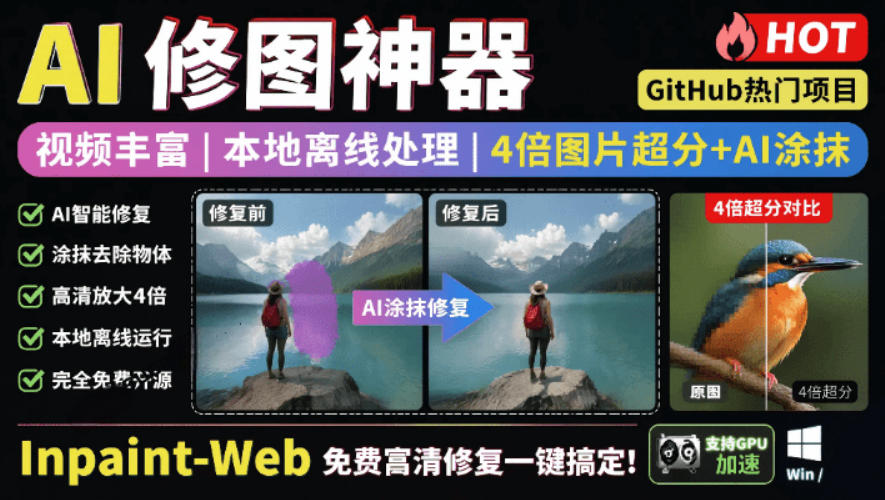 本地离线处理，4倍图片超分+AI涂抹去水印！Github上热门神器，免费高清修复图一键搞定！Inpaint-Web-shxbox省心宝盒