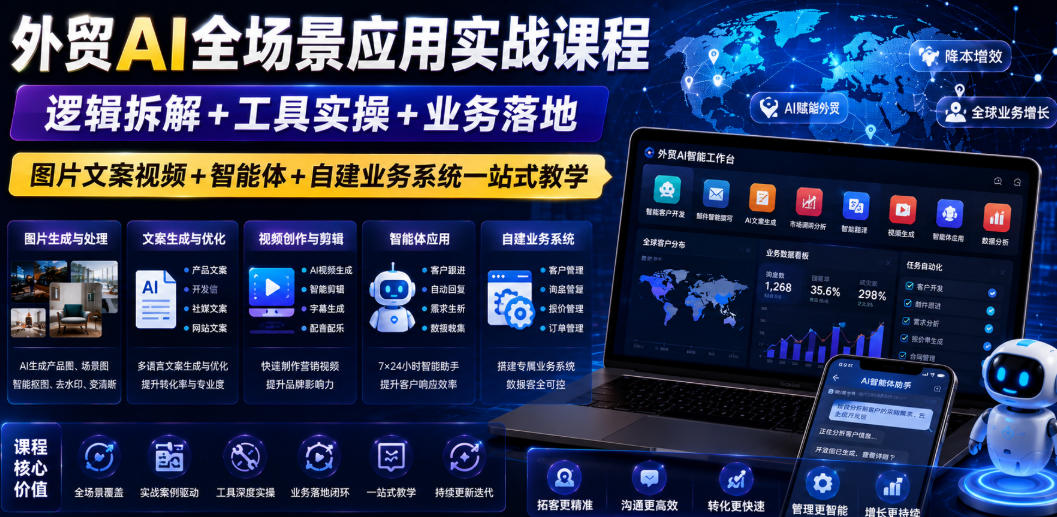 外贸AI全场景应用实战课程｜逻辑拆解+工具实操+业务落地，图片文案视频+智能体+自建业务系统一站式教学-shxbox省心宝盒